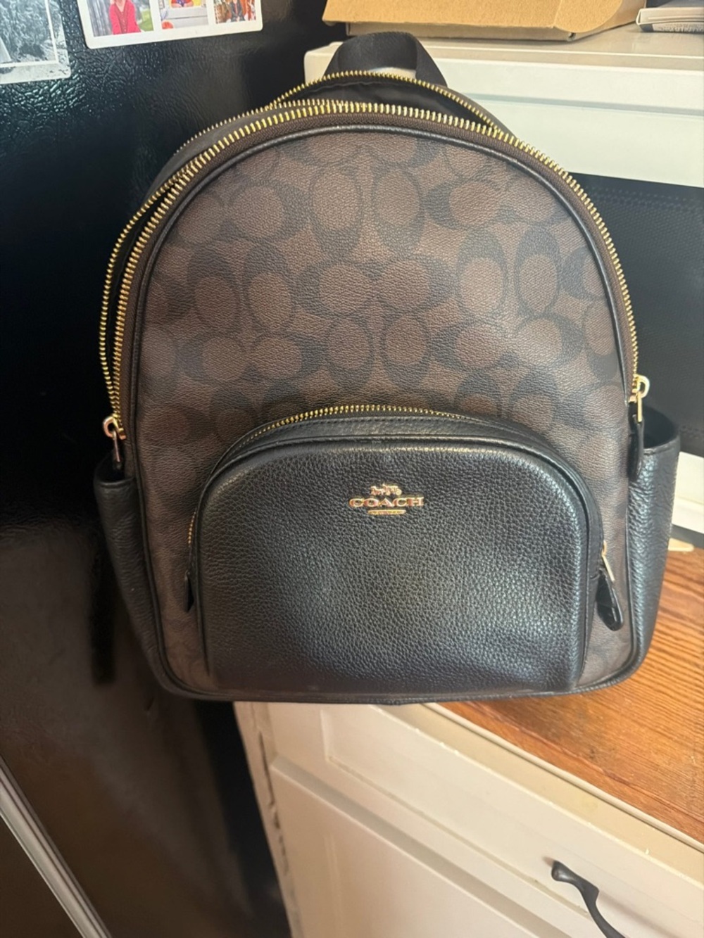 Coach Brown Signature & Black Leather Backpack with Gold Hardware